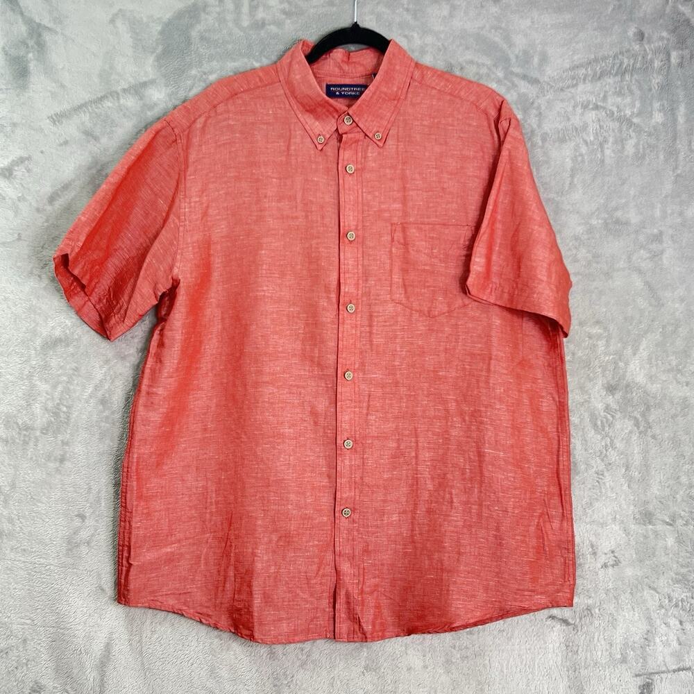 Roundtree & Yorke Shirt Men L Linen Blend Pink Button Up Short‎ Sleeve Casual